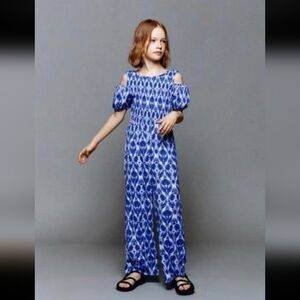 Zara Blue Patterned Cold-Shoulder Girls Jumpsuit